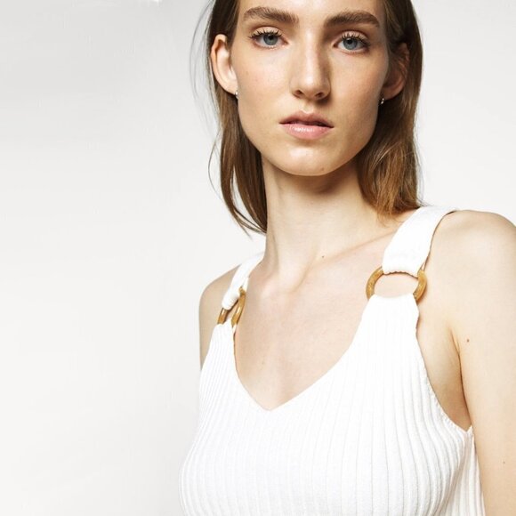 NWT Club Monaco cream ribbed ring accent linen cotton blend tank top - Picture 2 of 10